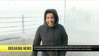 Storm Eunice: Sky correspondent gets hit by wave