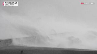 England's Newhaven beach hit by large waves as Storm Eunice batters UK