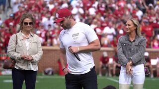 Baker Mayfield speaks at halftime of Sooners Spring Game after Heisman Trophy statue unveiling!