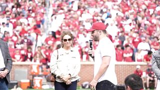 Baker Mayfield speaks at halftime of Sooners Spring Game after Heisman Trophy statue unveiling!