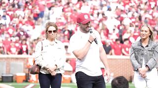 Baker Mayfield speaks at halftime of Sooners Spring Game after Heisman Trophy statue unveiling!