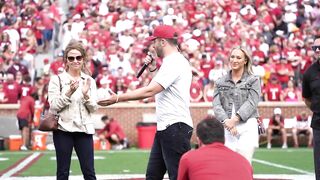 Baker Mayfield speaks at halftime of Sooners Spring Game after Heisman Trophy statue unveiling!