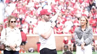 Baker Mayfield speaks at halftime of Sooners Spring Game after Heisman Trophy statue unveiling!