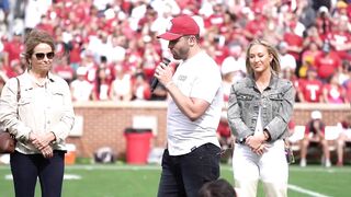 Baker Mayfield speaks at halftime of Sooners Spring Game after Heisman Trophy statue unveiling!