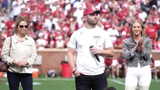 Baker Mayfield speaks at halftime of Sooners Spring Game after Heisman Trophy statue unveiling!