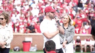 Baker Mayfield speaks at halftime of Sooners Spring Game after Heisman Trophy statue unveiling!