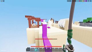 Dominating server with no armor and with a wooden sword in roblox bedwars