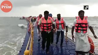 Udupi MLA K Raghupathi Bhat inaugurates Karnataka’s first floating bridge at Malpe beach