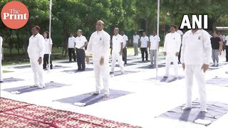 Defence Minister Rajnath Singh participates in the countdown programme for International Yoga day