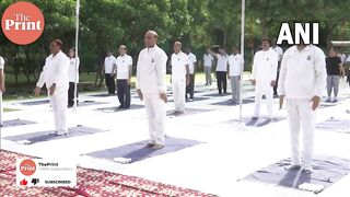 Defence Minister Rajnath Singh participates in the countdown programme for International Yoga day