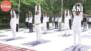 Defence Minister Rajnath Singh participates in the countdown programme for International Yoga day