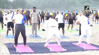 Rajnath Singh takes part in Yoga session with Indian Navy personnel at Karwar Naval Base