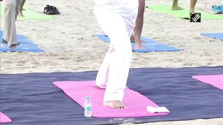 Rajnath Singh takes part in Yoga session with Indian Navy personnel at Karwar Naval Base