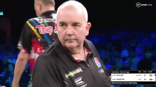 Phil Taylor playing MIND GAMES v Kevin Painter at World Seniors Matchplay Darts?