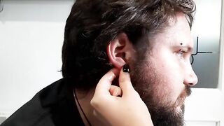 Stretching my fiancé's ears for the first time! 14g to 12g @frostyvikingr @dkittycone