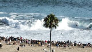 Drone footage of Newport Beach’s Wedge as it goes wild with largest swell of summer season.