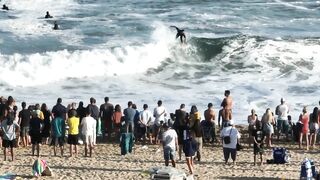 Drone footage of Newport Beach’s Wedge as it goes wild with largest swell of summer season.