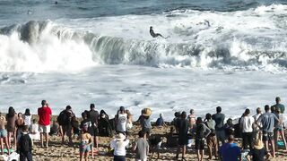 Drone footage of Newport Beach’s Wedge as it goes wild with largest swell of summer season.