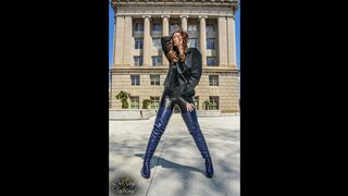 KRISTINA MODELS FASHION SAPPHIRE BLUE LEATHER THIGH BOOTS STYLE IN PUBLIC AS SHE BUYS ITALIAN ICE