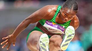 The moment Ese Bruma realizes she has broken the Commonwealth Games record.