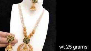 latest gold pearls long haram models with beautiful locket and earrings// with weight and price ????