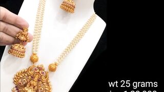 latest gold pearls long haram models with beautiful locket and earrings// with weight and price ????