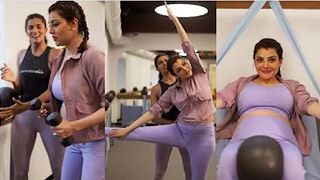 9th Month Heavily Pregnant Kajal Aggarwal doing Special Yoga with her Baby Bump in Gym