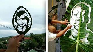 ART ON GIANT LEAVES // Artist Creates Celebrity Portraits On Leaves