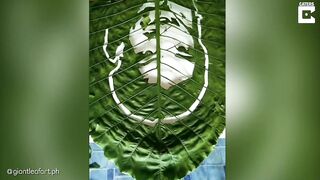 ART ON GIANT LEAVES // Artist Creates Celebrity Portraits On Leaves