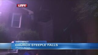 Steeple falls off Virginia Beach church, wedged against apartment complex