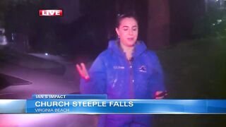 Steeple falls off Virginia Beach church, wedged against apartment complex