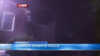 Steeple falls off Virginia Beach church, wedged against apartment complex