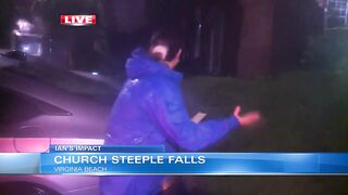 Steeple falls off Virginia Beach church, wedged against apartment complex