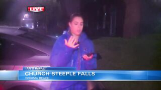 Steeple falls off Virginia Beach church, wedged against apartment complex