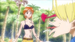 Nami's first time wearing a bikini makes Sanji want to open her eyes