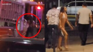 Bikini Clad Woman Get Off SJ Fire Truck straight into a Strip Club