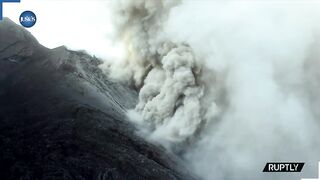 Drone captures Lava stretching to sea as Stromboli volcano eruption unleashes plume of smoke