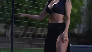 Swimsuit Model Akasha Puts on a Show in Black Bikini With Skirt