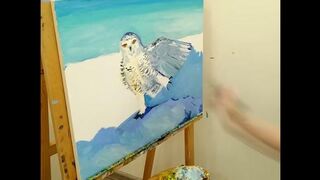 Polar owl stretching oneself - oil painting process