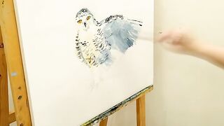 Polar owl stretching oneself - oil painting process