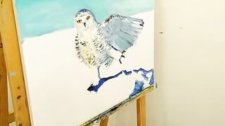 Polar owl stretching oneself - oil painting process