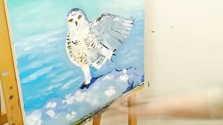 Polar owl stretching oneself - oil painting process