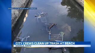 City crews clean up trash swept to Kahala Beach by heavy rains