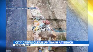 City crews clean up trash swept to Kahala Beach by heavy rains