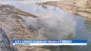 City crews clean up trash swept to Kahala Beach by heavy rains