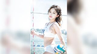 AI ART 4K VIDEO A girl-like AI playing beach volleyball.