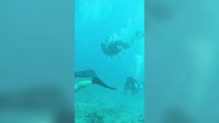 Freediving with their girlfriends in yellow bikinis.