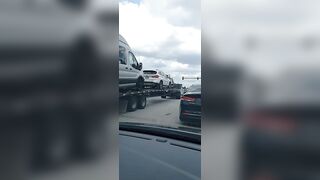 VERY Small pickup truck pulling heavy weight vehicles on trailer