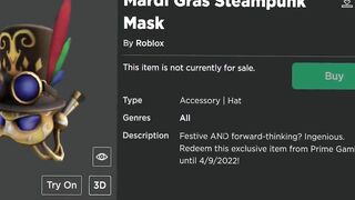 FREE ACCESSORY! HOW TO GET Mardi Gras Steampunk Mask! (ROBLOX PRIME GAMING)