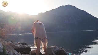 Meditation by the sea. Yoga at dawn. Morning meditation. Mountains. Montenegro. Mila Naturist